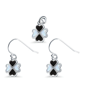 Clover Jewelry Set Pendant Drop Dangle Earring Heart Simulated Black Onyx 925 Sterling Silver